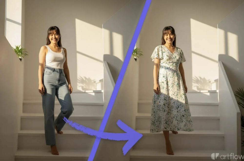 Artflow AI 图片不同场景编辑指令与人物融合教程