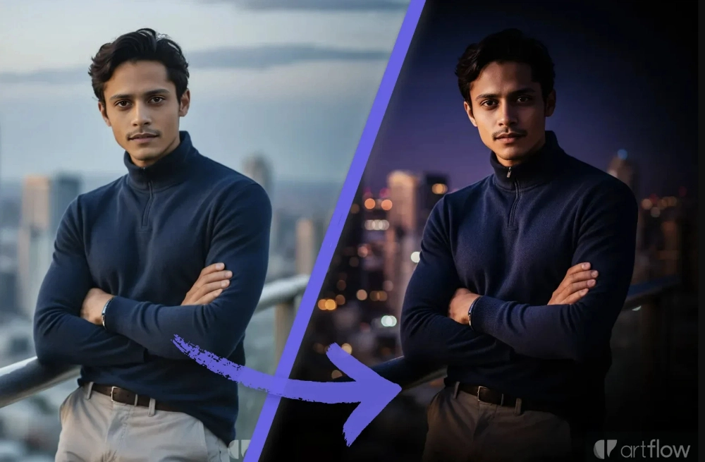 Artflow AI 图片不同场景编辑指令与人物融合教程